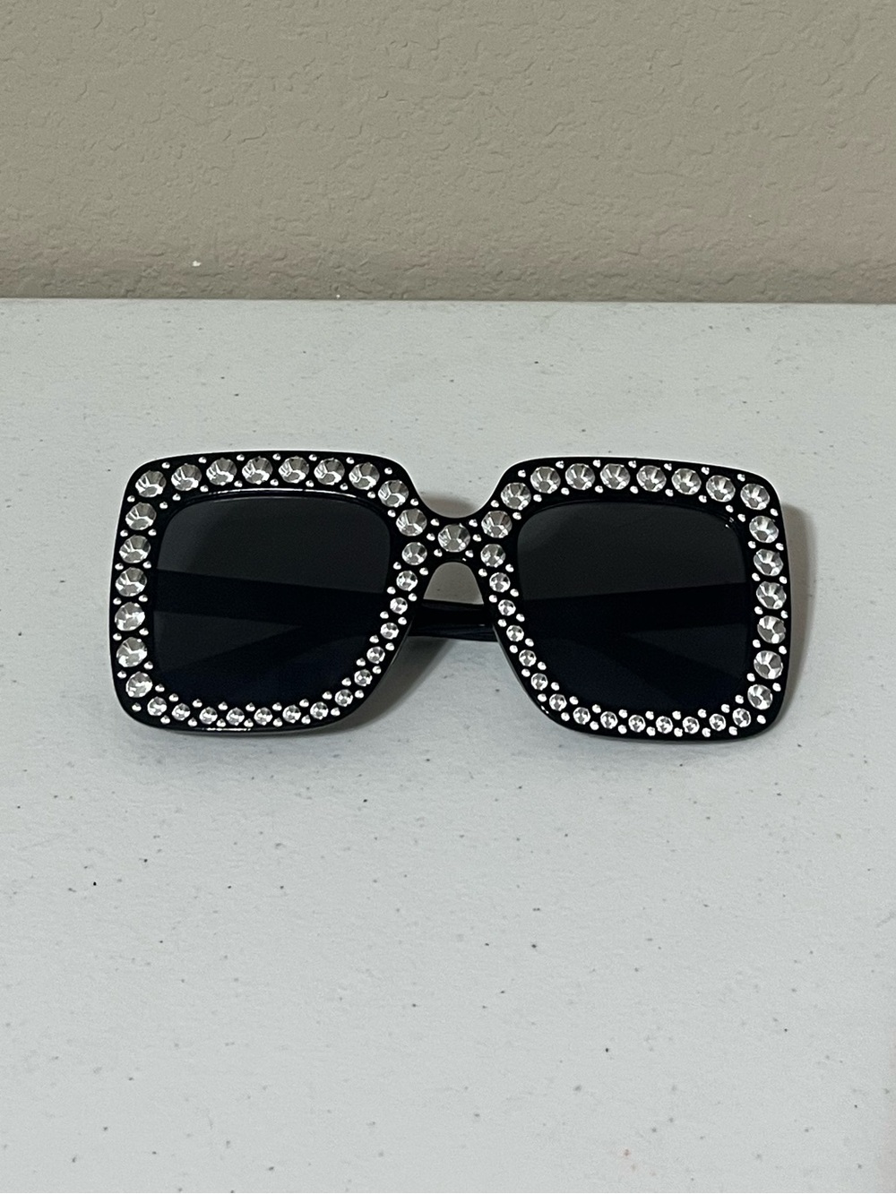 Rhinestone-Trim Black Square Sunglasses